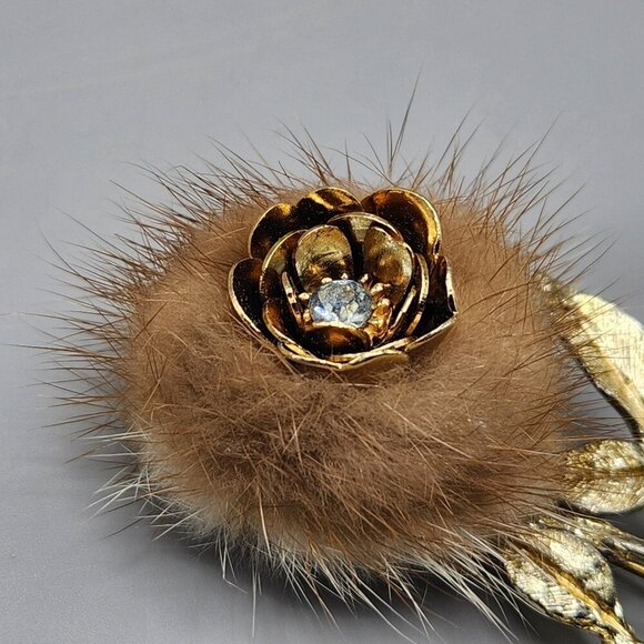 Rose Brooch Mink Fur Gold Tone Flower Long Stem Clear Rose Pin Unmarked Vtg - Picture 7 of 13